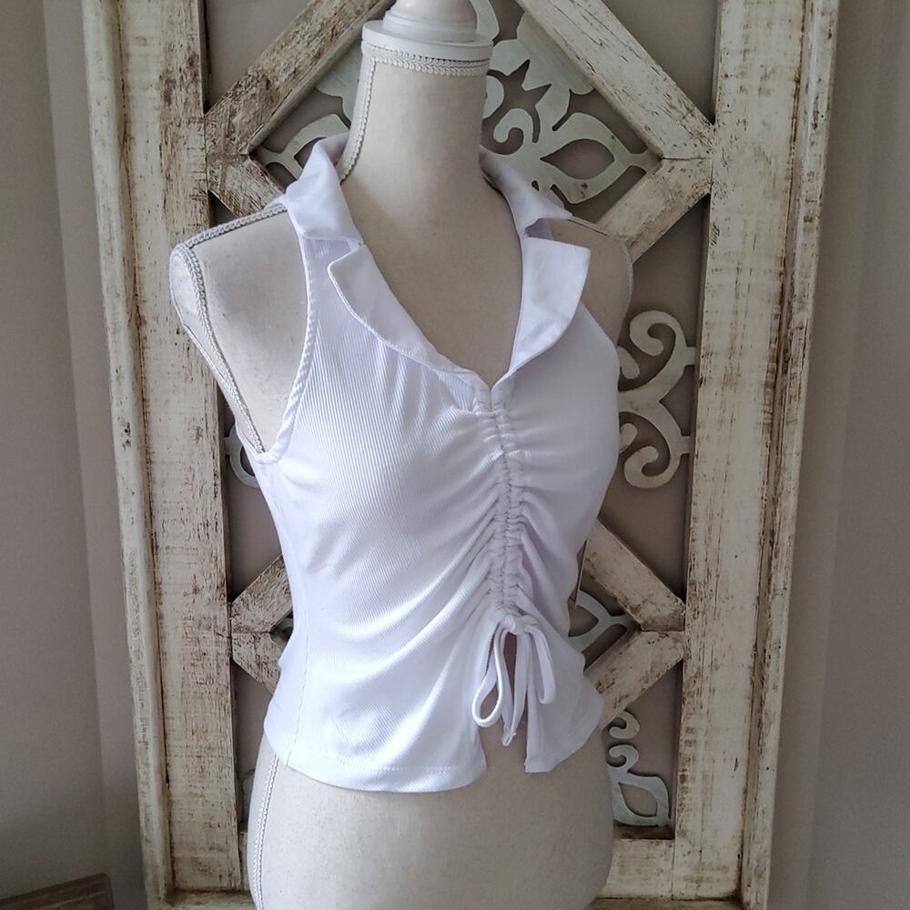 No Comment White Ruched Tie Front Collared V‑Neck Crop Top L XL Y2K Casual
